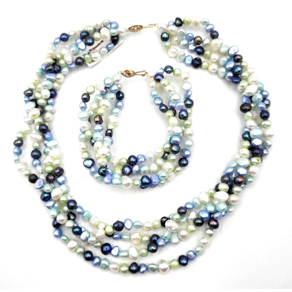 FRESHWATER PEARL Four Strand Necklace and Bracelet 14K Gold Clasp NWT - Picture 1 of 9